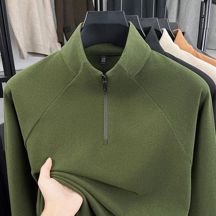 Men's Heavyweight Fleece-Lined Hoodie with Stand Collar, Half-Zip, and Thick Fabric; Solid Color Autumn/Winter Style.