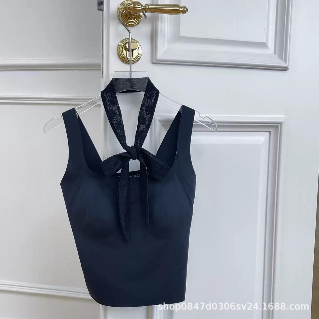 Pure desire square neck sling vest women's chest pad lace streamer neck slim and thin short top