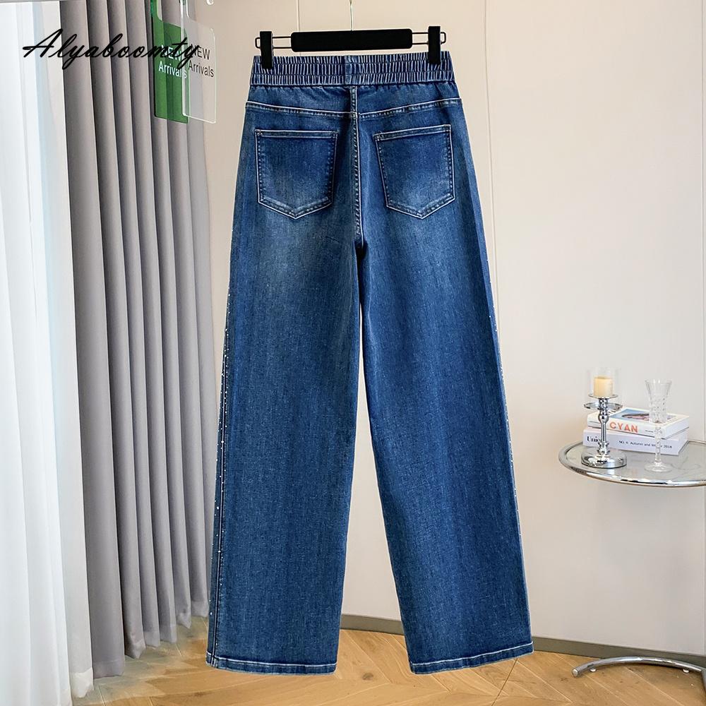 Extra Size Spring Autumn Women Wide Leg Jeans Elastic Waist Blue Diamonds Luxury Denim Trousers Vintage Elegant Basic Ladies' Jeans XL-5XL