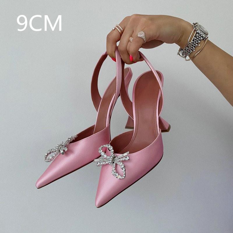 Fashion Pointed Middle And Back Empty Silk Sandals Women'S Net Red With Crystal Bow Stiletto Heels