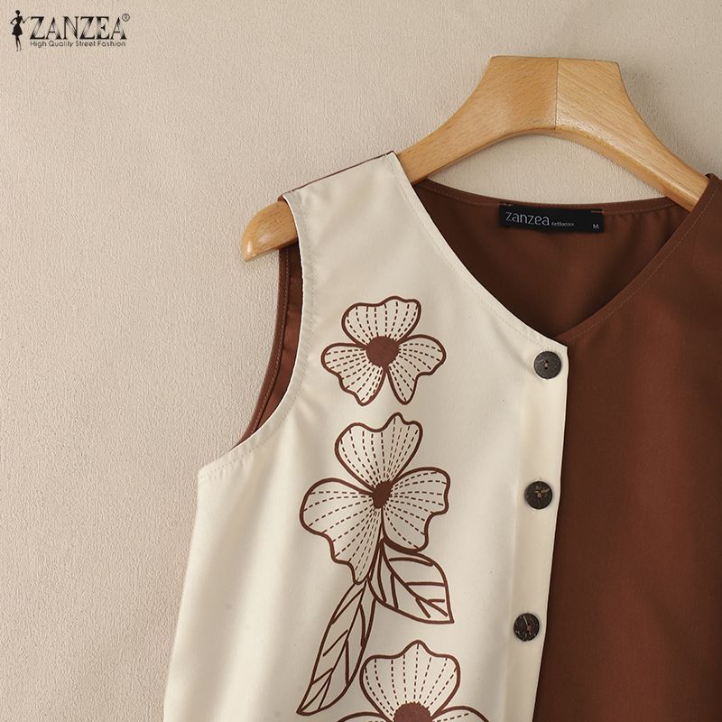 ZANZEA Women Casual V-Neck Sleeveless Print Tank Tops