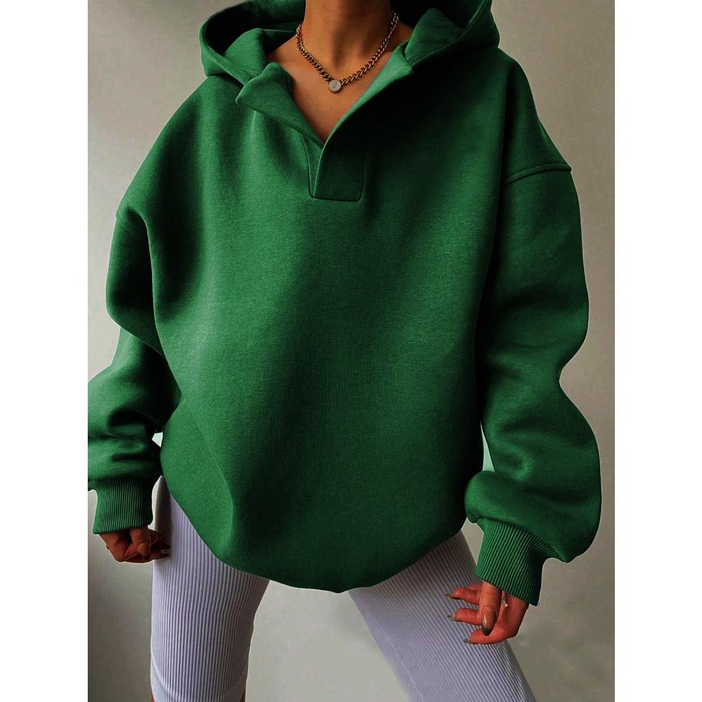 Women's Notch Hood Long Sleeve Sweatshirt Oversized Fit Casual Solid Polyester Pullover Hoodie