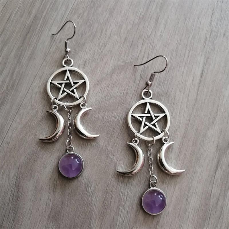 New Pentagram Triple Moon Purple Stone Earrings Natural Stone Earrings