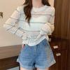 Hollow Long-sleeved Sweater Women's Spring Thin Transparent Black T-shirt Sunscreen Blouse Short Top