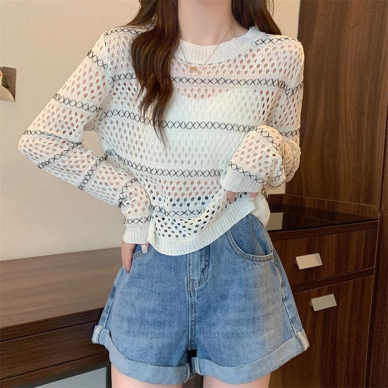 Hollow Long-sleeved Sweater Women's Spring Thin Transparent Black T-shirt Sunscreen Blouse Short Top