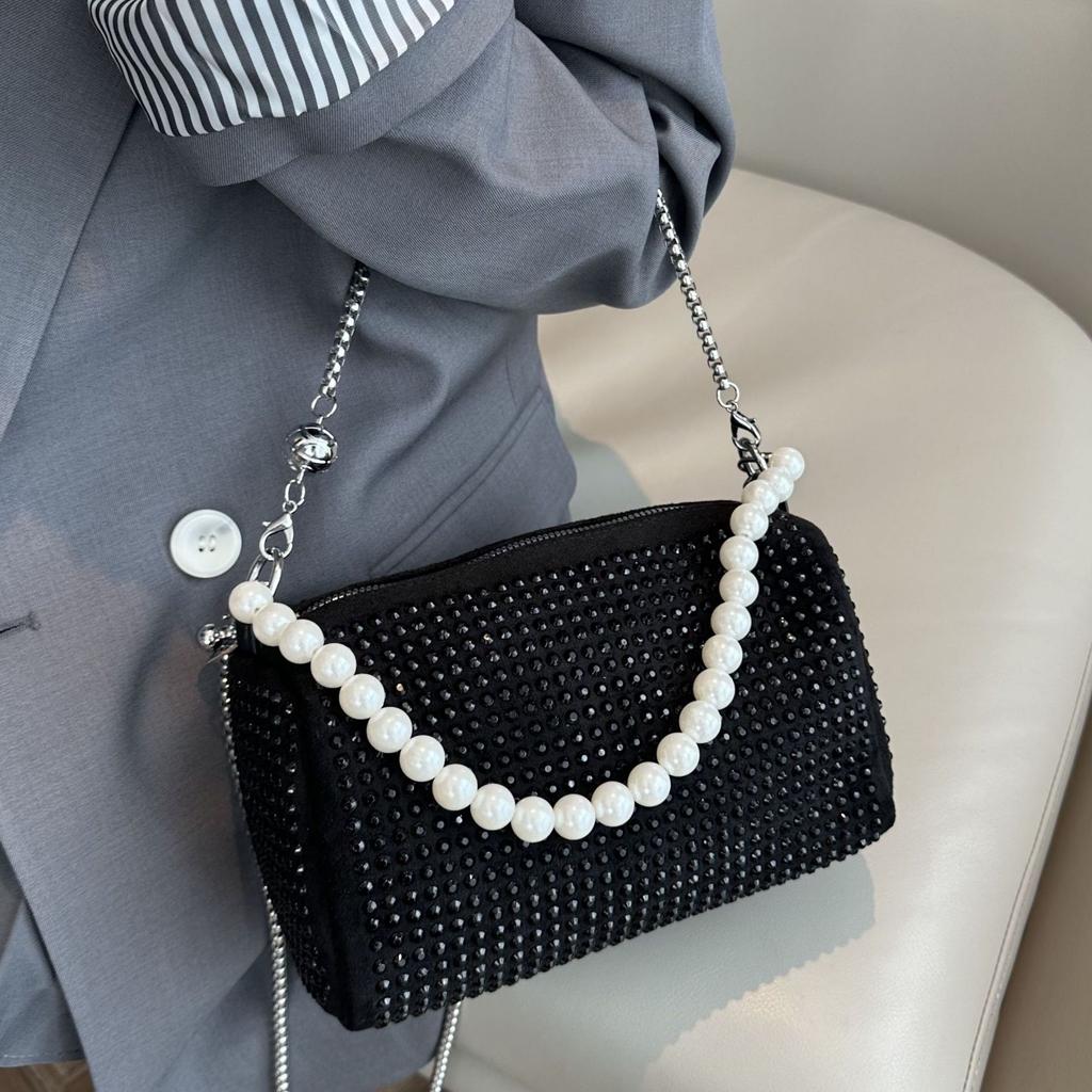 2025 new trend fashion handbag foreign style rhinestone underarm small square bag pearl chain shoulder messenger bag women