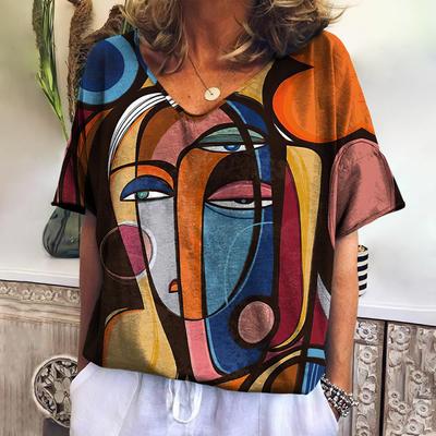 New T Shirt For Women Abstract V-neck Short Sleeve Tee Casual Oil Painting Female Clothing Fashion Street Retro Women's T-shirt