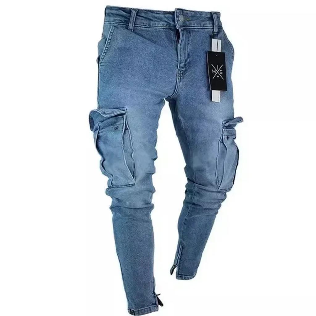 RogueWave Stretch Men's Jeans Fashion Knee Ripped Zipper Skinny Trousers Denim Pants High Waist Side Pockets