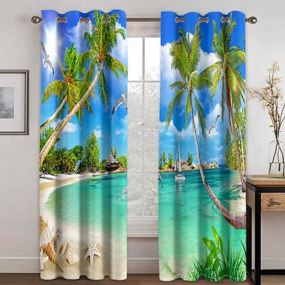 2pcs Sea Tropical Beach Sunset Landscape Digital Printing Curtain Living Room Curtains Semi-Blocking Curtain Translucent Grommet