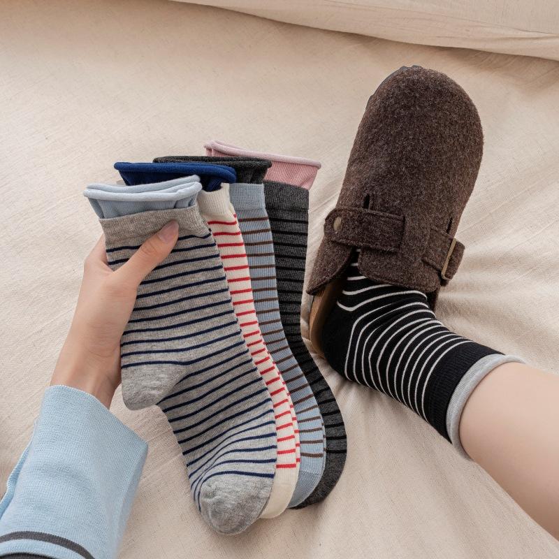 Women's New Autumn Trend Stripe Color Clash Double Rotors Breathable Boneless Tube Stack Socks