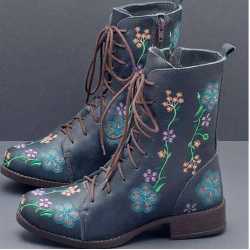 Women s Retro Print Embroidery Low Heel Martin Boots - Ethnic Style Color Block Short Boots 43 синий