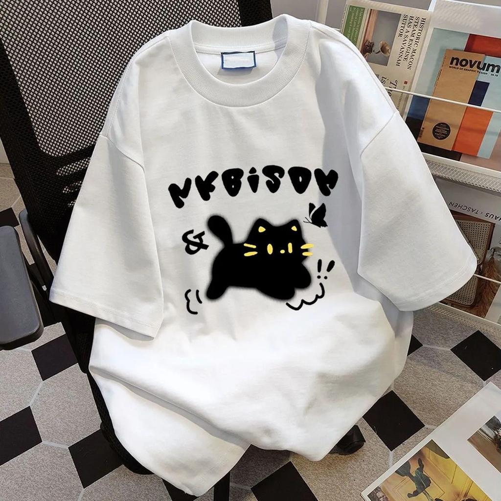 Cotton Cat Print Summer Short-sleeved T-shirt Women's Loose Casual and Thin Versatile Crew Neck Couple Heavy Ins