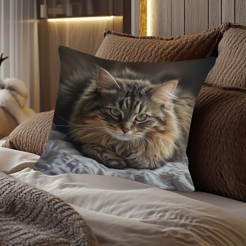 Vintage Maine Coon Cat 45x45cm Pillow Cover 100% Polyester with Invisible Zipper Pillowcase Decorative Cushion Case Home Decor