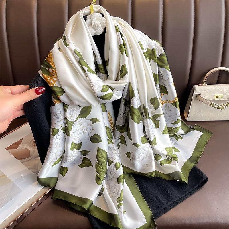 Fashion Elegant Women Silk Scarf Beach Wrap Shawl Vintage Satin Floral Print Sunscreen Bandana Hijab Mujer Scarve Foulard Pareo