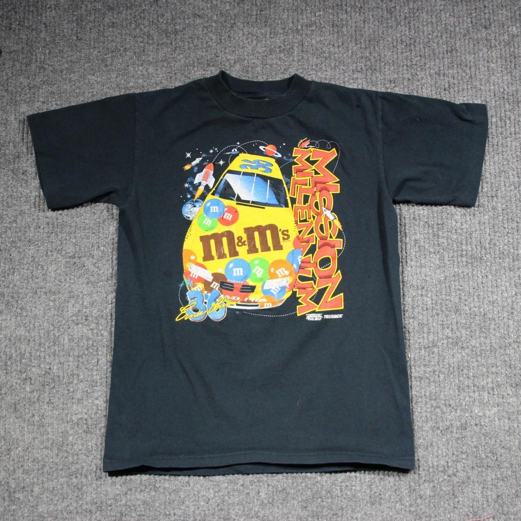 Vintage 90er NASCAR T-Shirt Jugend L Schwarz M&M Ernie Irvan AOP Racing Rakete