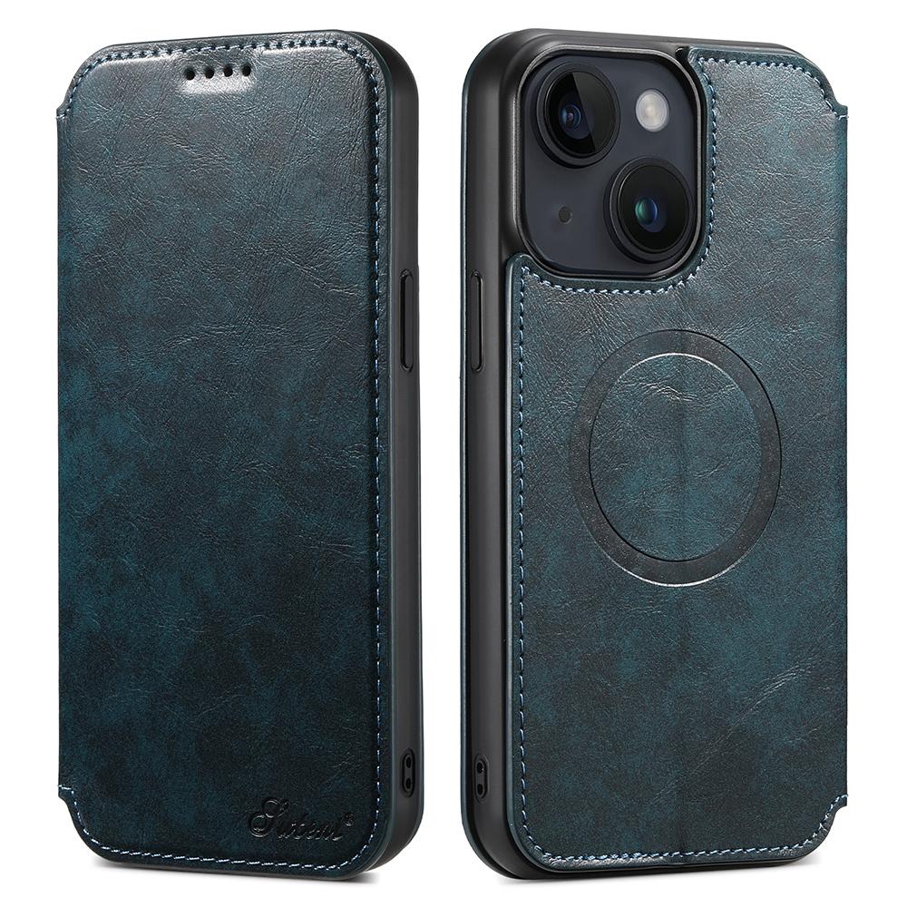 

SUTENI J05 For iPhone 13 6.1 inch Dustproof Phone Case Stand Wallet Leather Cover Compatible with MagSafe Blue