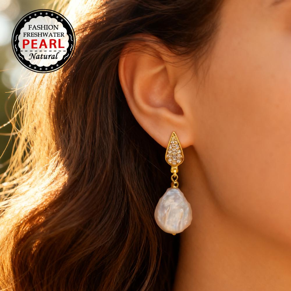 SENIKO Natural Freshwater Big Baroque Pearl Earrings Fashion Cubic Zirconia Pearl Drop Earrings For Women Party Jewelry