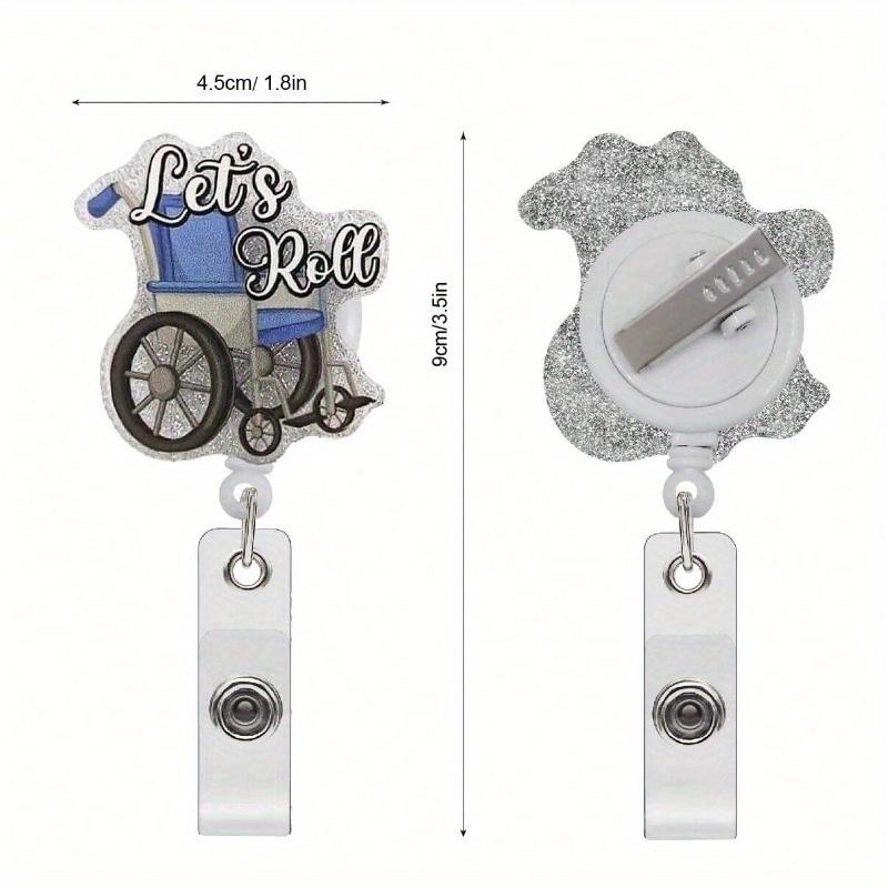 Nurse Retractable Badge Reel with Alligator Clip Let's Roll ID Card Badge Holder for Patient Transport Funny Wheelchair Silver Glitter Badge
