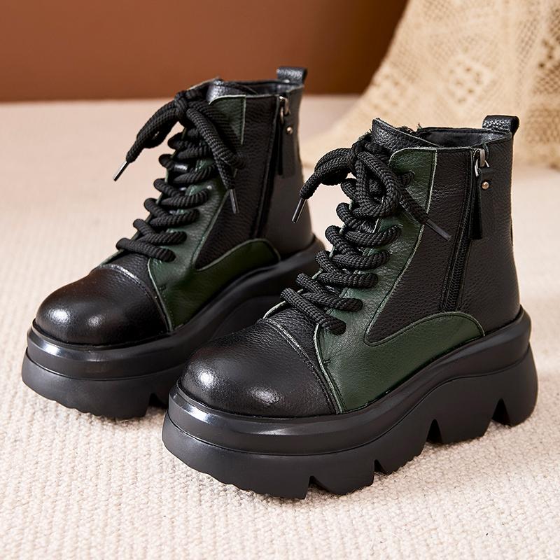 Fashion GKTINOO Genuine Leather Ankle Boots Round Toe Thick Soled Flat Platform Women's Shoes Autumn Winter Retro Handmade Short Boots