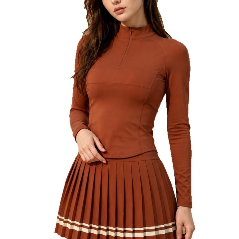 Womens Tennis Sport Set Long Sleeve Zipper Collar Skirted Outfit Striped Pleated Gym Workout Suit