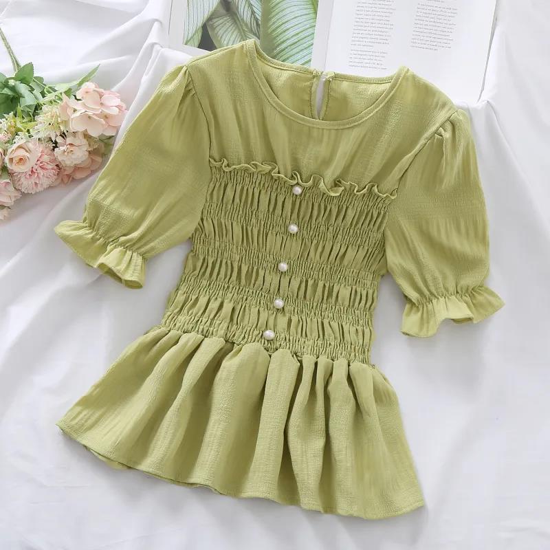 

Женская шифоновая рубашка с жемчужными пуговицами, шифоновая блузка с пышными рукавами, однотонный тонкий топ с талией, модный корейский топ с рюшами XL зелёный