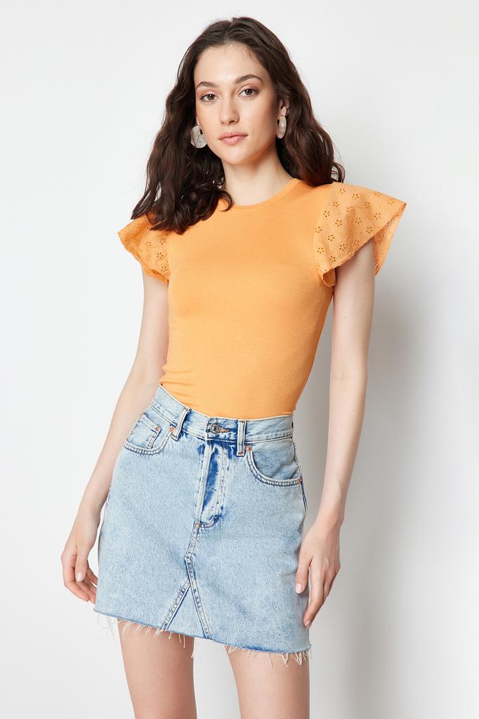 Women's Fashion Blouse Crew Neck Short Black Backless Tie Detailed Ribbed Flexible Knitted Blouse