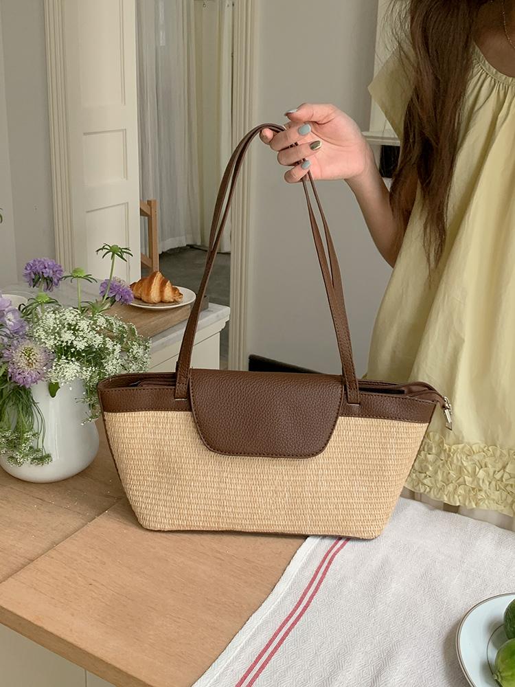 Retro Vacation Beach Straw Shoulder Bags for Women Casual Elegant Ladies Woven Armpit Tote Bag Simple Patchwork Female Handbags