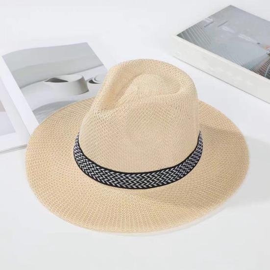Men Summer Fisherman Hat Hollow Straw Weaving Full Face Sun Protection Wide Brim Western Cowboy Hat with Black Ribbon Decor Foldable Beach Hat