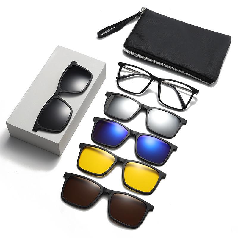 Magnetic Clip-on Polarized Myopia Night Vision Sunglasses - Men s 3-in-1 Square Frame. PC Frame - 5 Pieces