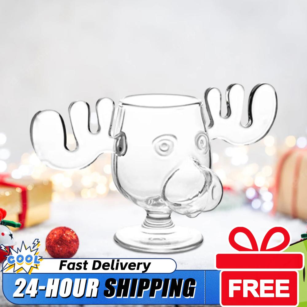 1-3PCS Christmas Elk Glass Cup 8Oz Milk Moose Mug Christmas Reindeer Head Beer Water Cup Xmas Holiday Party Drinkware Cup Gifts