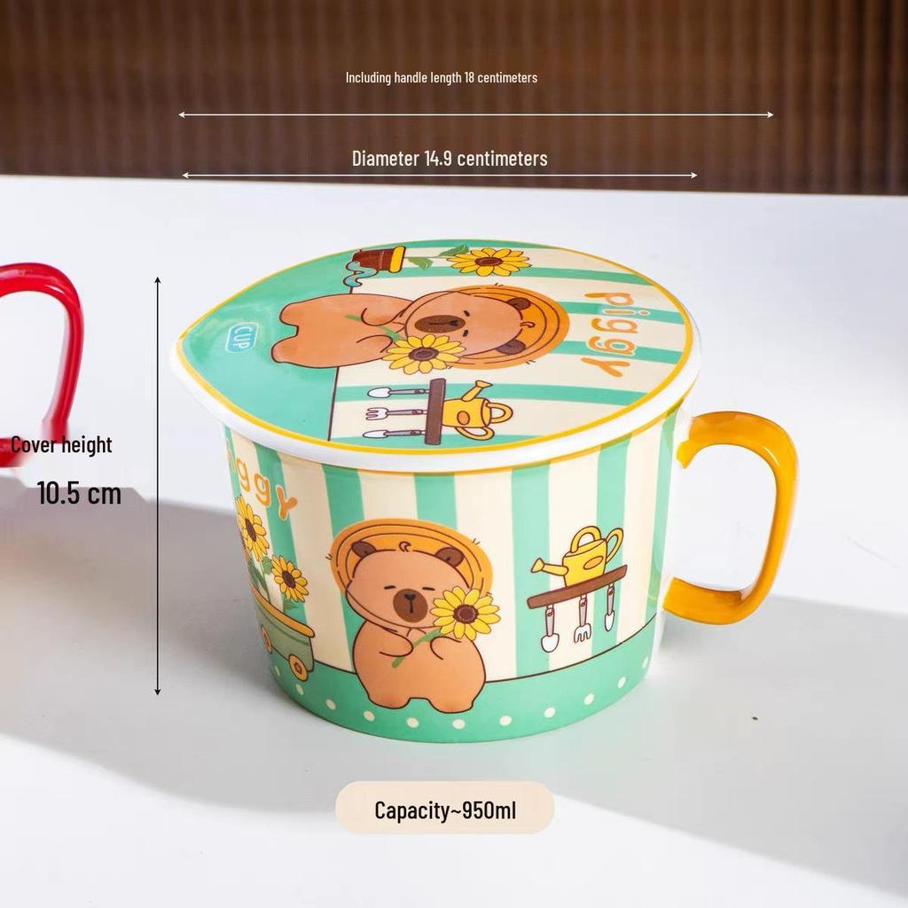Cartoon Instant Noodle Bowl with Lid and Drain, Large Capacity, Cute Lunch Box for Students