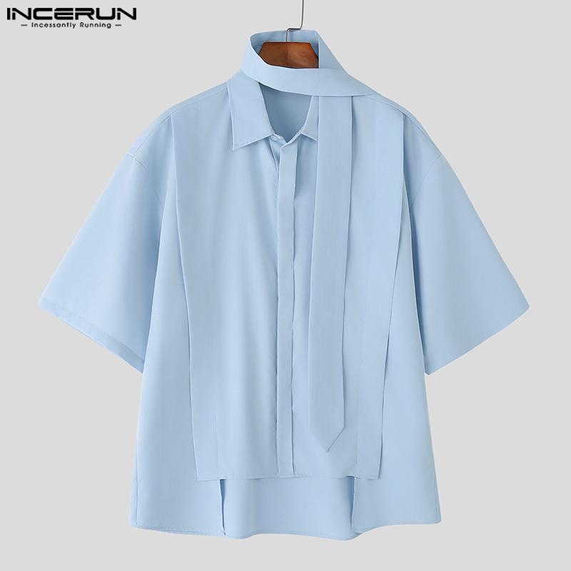 INCERUN Oversized Men Tie Up Neck Short Sleeve Solid Color Casual High Low Shirts