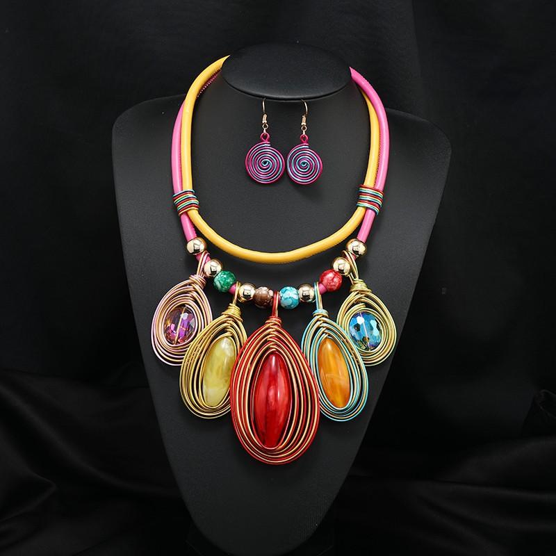 Exaggerated Fashion Crystal Multi-layer Necklace Earrings Set Female Handmade Tribe Festival Stage Accessories
