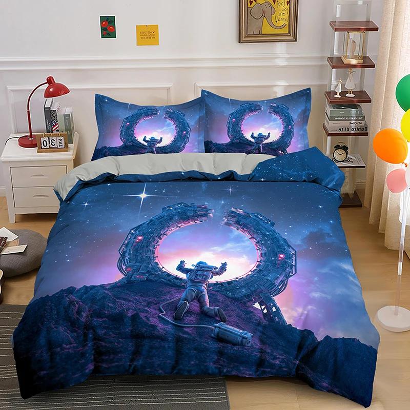 Astronaut King Queen Duvet Cover Space Cycling Bedding Set Cartoon Universe Comforter Cover Galaxy 2/3Pcs Polyester Quilt Cover