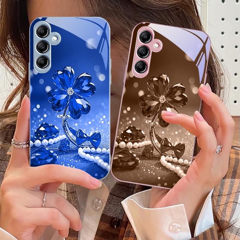 Lucky Four Leaf Flower For Samsung Galaxy A14 4G 20 30 52 20S 21S 22 A32 33 34 42 50 51 53 54 70 71 72 73 5G Glass Phone Case