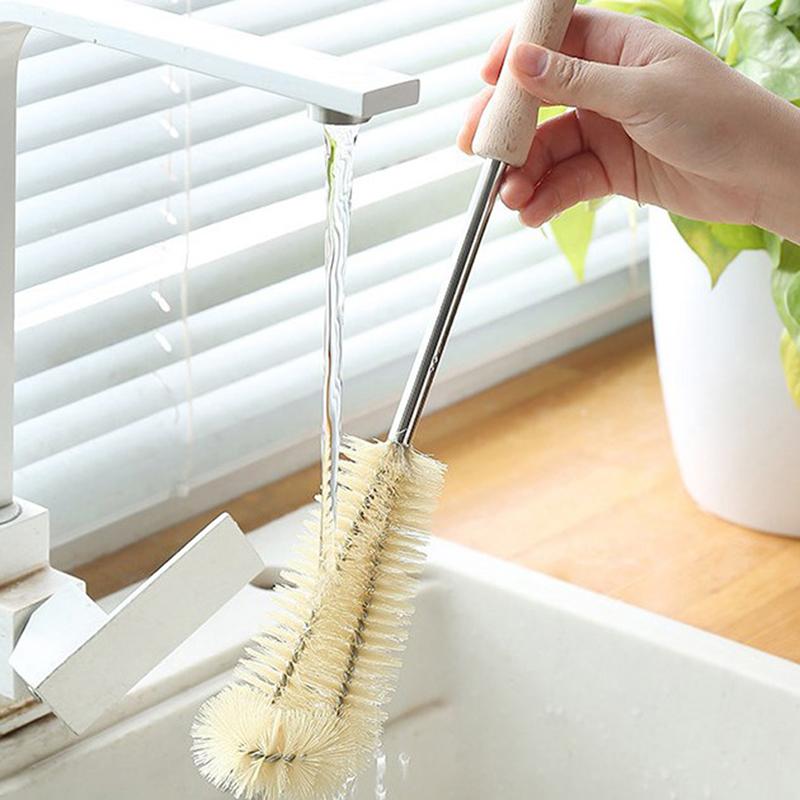 Brosse à bouteille avec manche en bois et gobelet en verre, accessoire de cuisine
