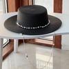 New French Flat Top Straw Hat For Women, Big Head Waist, Beach Top Hat, Woven Pearl Chain Sunscreen Hat