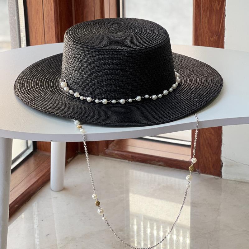 New French Flat Top Straw Hat For Women, Big Head Waist, Beach Top Hat, Woven Pearl Chain Sunscreen Hat