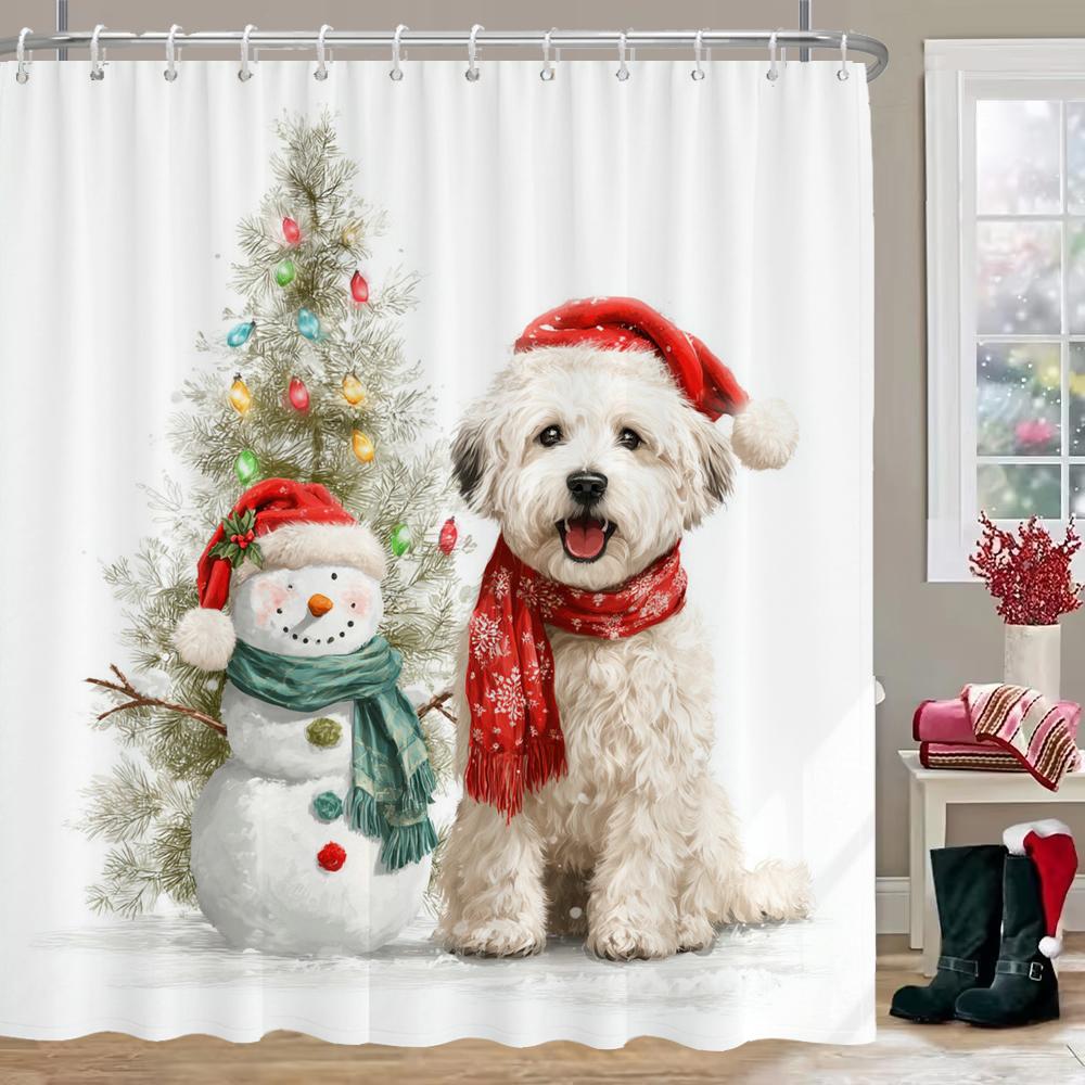 Interesting cat and dog Christmas Shower Curtain, Bathroom Decorative Shower Curtain, Waterproof Shower Curtain with Hooks