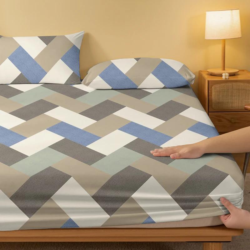 Simple 1 Modern Rectangular Geometry Printed Matte Fitted Sheet, Bedroom Printed Bed Cover, Bedding Excluding Pillowcases