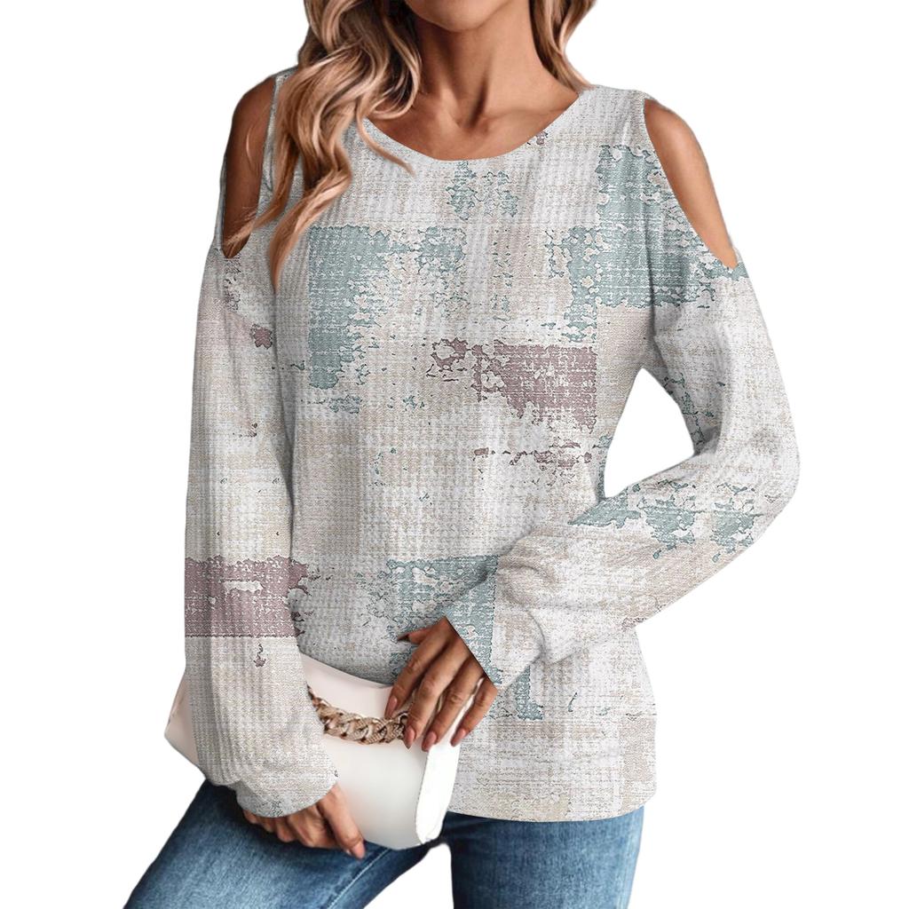 Women's Winter Oversized T-Shirt Fashionable Off-the-Shoulder Round Neck Vintage Floral Print Pullover Long-Sleeved Top