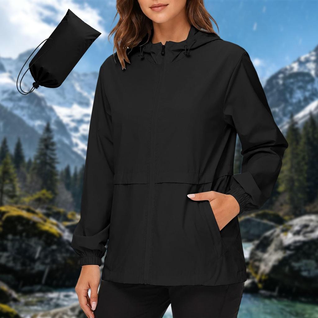 Women's Waterproof Windproof Hooded Jacket Lightweight Outdoor Raincoat Full Zip Front Pockets Adjustable Drawstring Hood