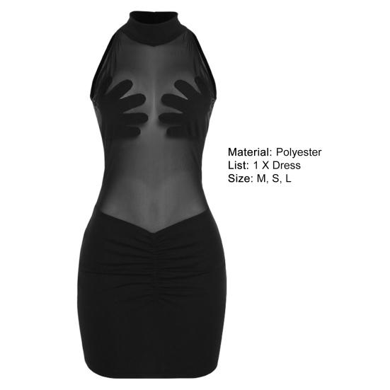 O-neck Sleeveless Hip Wrap Hand-shaped Cover Bodycon Dress Ruched See-Through Mesh Stitching Sexy Mini Dress Club Wear