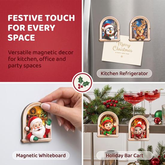Natural Wood Holiday Accents Arch Wooden Christmas Fridge Magnet Set, Window Frame Refrigerator Decorative Magnets Magnetic Decor for Metal