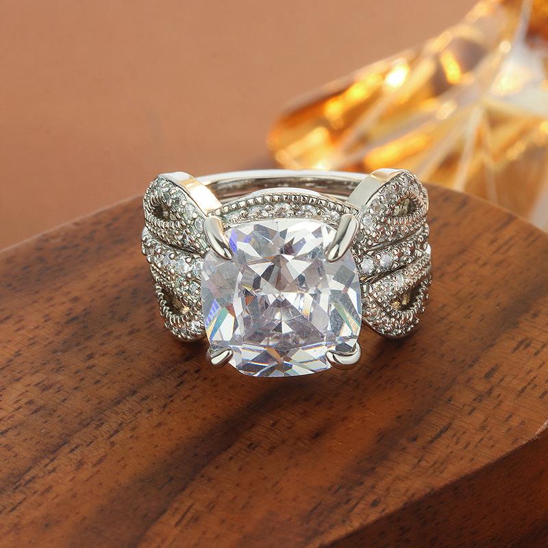 Copper Set Ring Four-prong Full Of Diamonds White Zircon Jewelry For Ladies' Party Birthday Wedding Bride Jewelry Gift