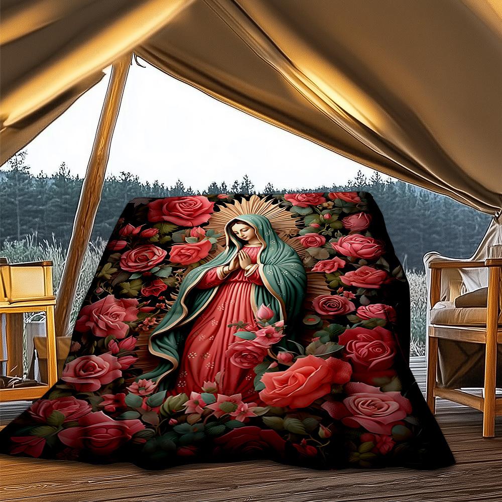 1pc Mary Floral Artwork Throw Blanket Polyester Fiber, Lightweight Flannel, Soft & Warm, All Season Use for Outdoor, Camping Digital Print