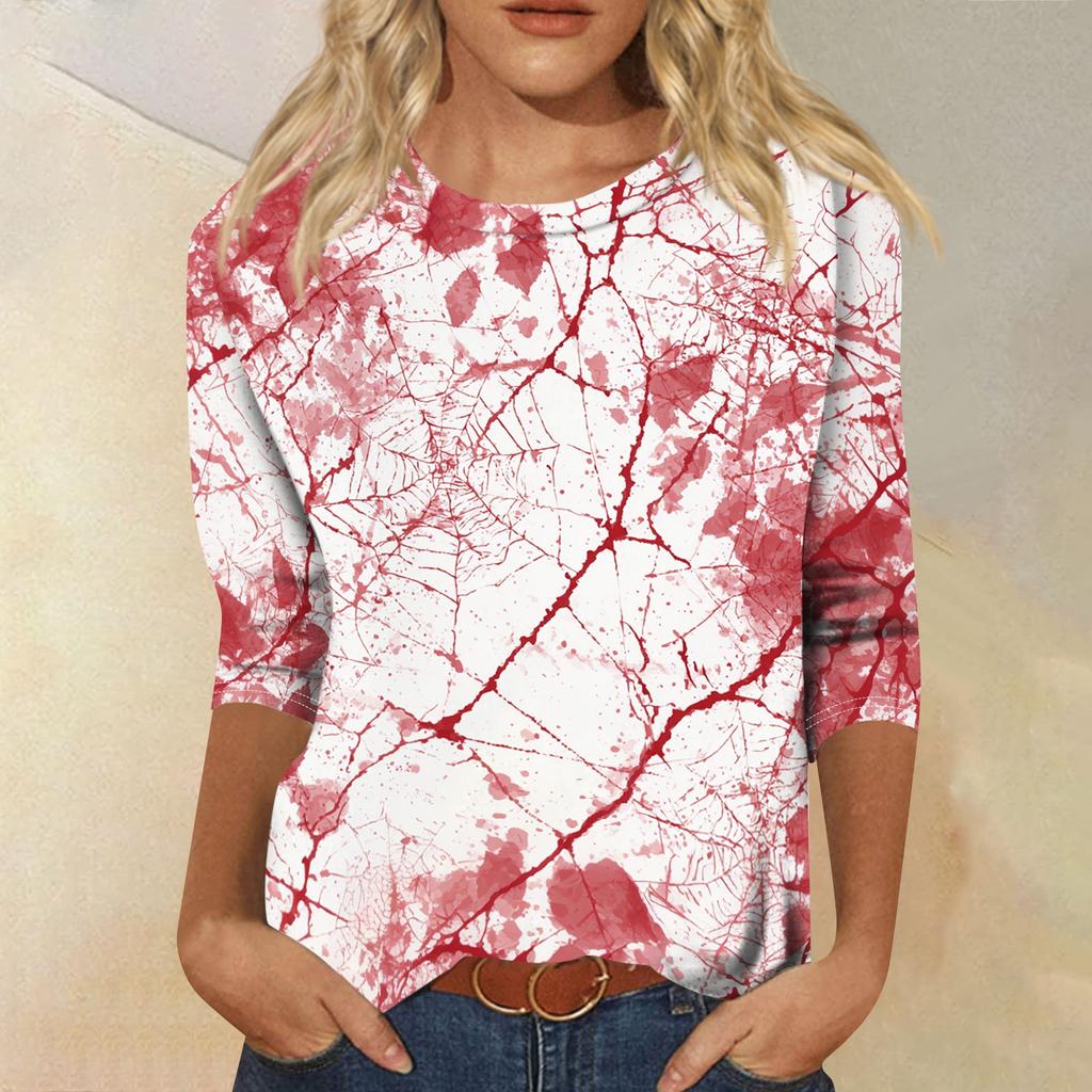 Women's Halloween Print Shirt 3/4 Sleeve Round Neck Loose Fit Casual Blouse Top Comfortable Everyday Wear