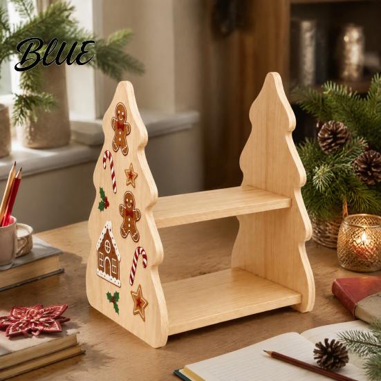 Holiday Home Decoration Christmas Tree Shaped Wooden Storage Shelf 2‑Tier Desktop Display Rack with Table Centerpiece Xmas Stickers Rustic