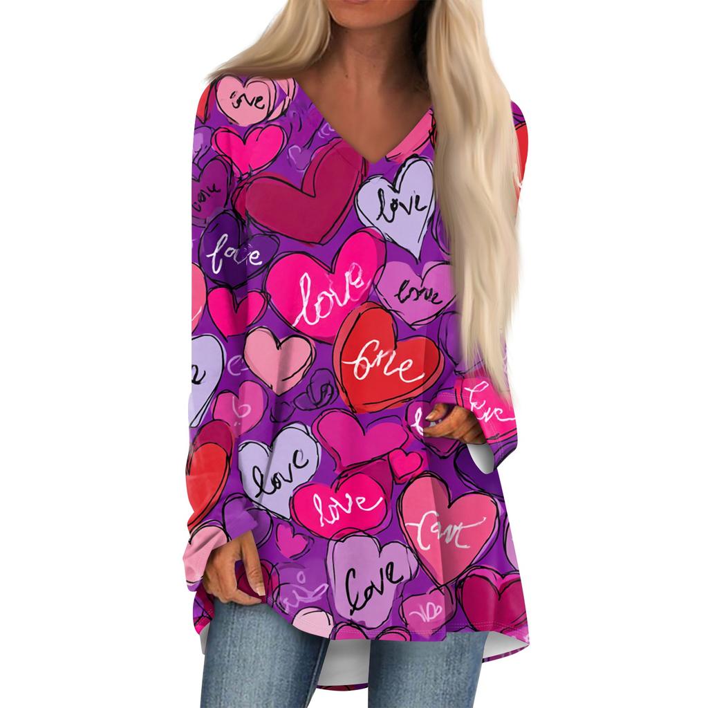 Women's Fashionable Casual Long-Sleeved Valentine's Day Print V-Neck Mid-Length Top