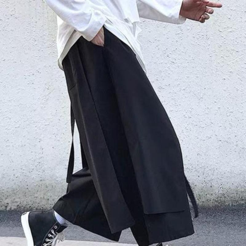 Yousheng Men's Loose Fit Pants Hip-Hop Wide Leg Pants with Pockets Casual Black Layered Pants for Everyday Wear Street